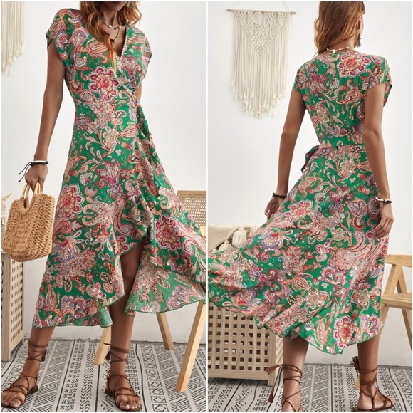 Bohemian Yellow  Floral Paisley Print Wrap Midi Cottagecore Dress - Picture 4 of 6